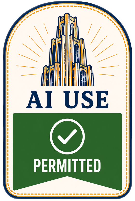 A badge-style graphic featuring a tall, stylized building at the top with radiating lines in orange and navy blue. Below the building, bold navy text reads "AI USE" above a green banner with a white checkmark and the word "PERMITTED," indicating approval for AI usage.